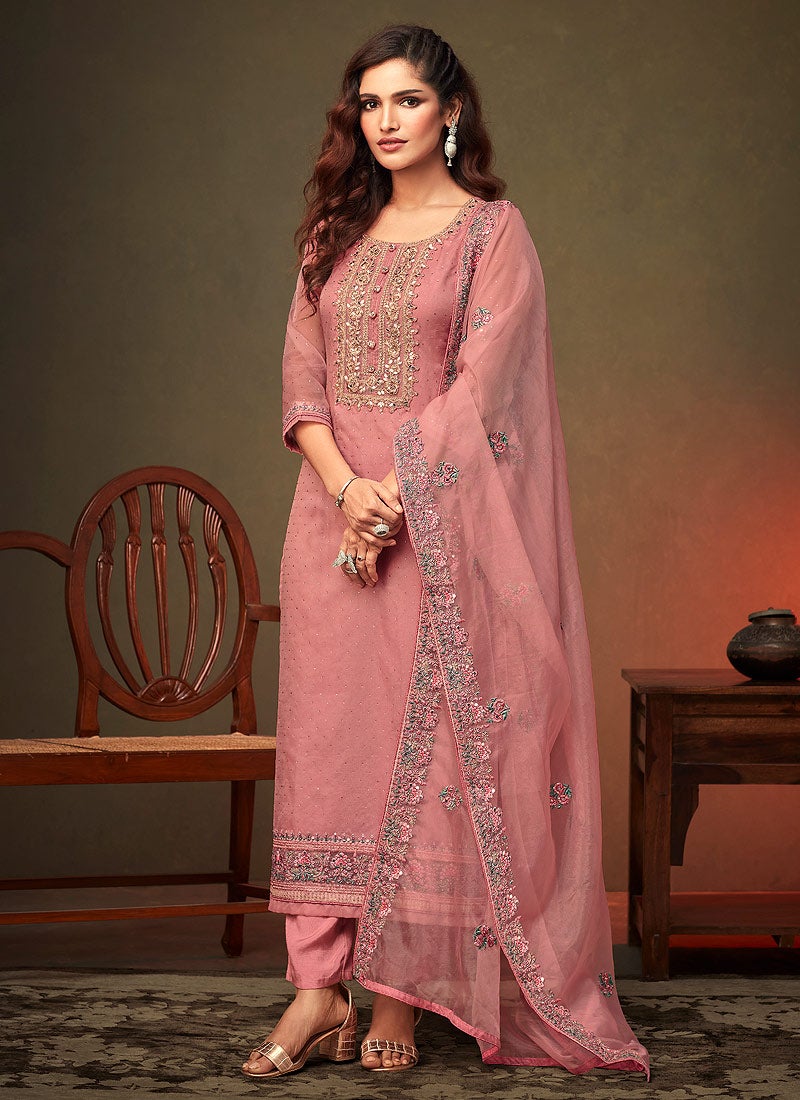 Pink Heavy Embroidered Pant Style Suit Indian Heavy Anarkali Lehenga