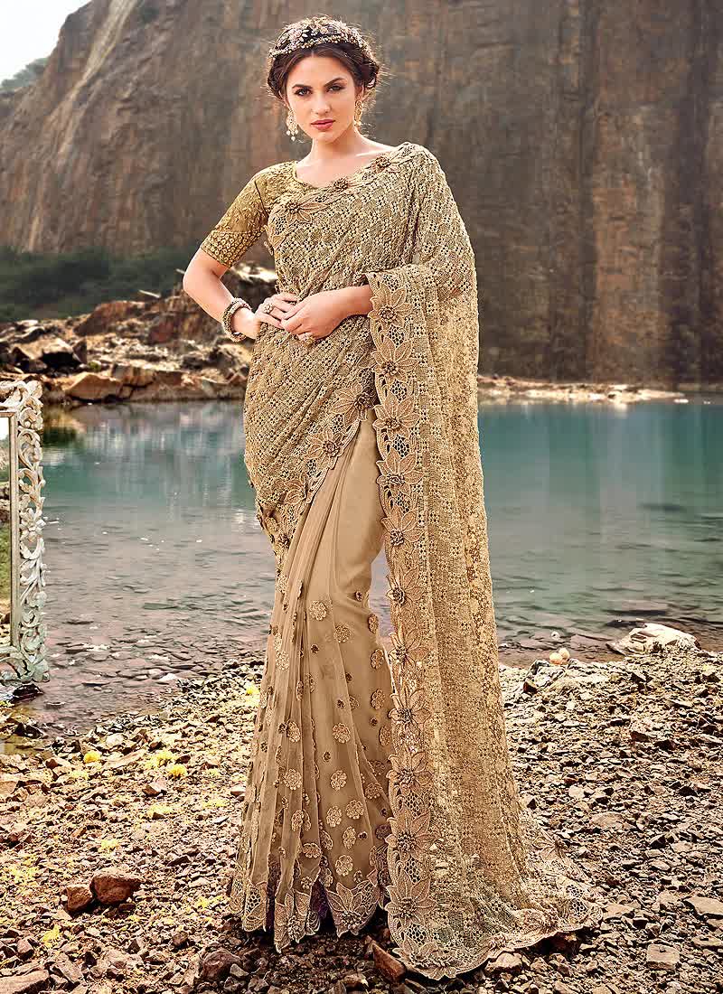 Golden Traditional Embroidered Party Wear Saree - Indian Heavy Anarkali  Lehenga Gowns Sharara Sarees Pakistani Dresses in USA/UK/Canada/UAE -  IndiaBoulevard