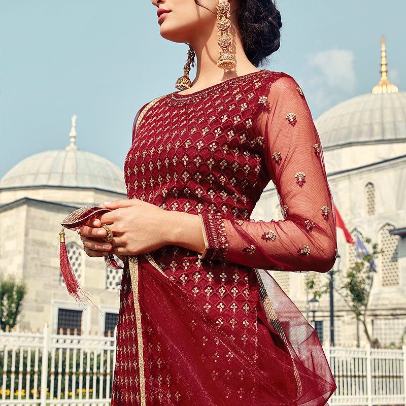 Red Golden Gorgeous Designer Gharara Suit - Indian Heavy Anarkali Lehenga Gowns Sharara Sarees 