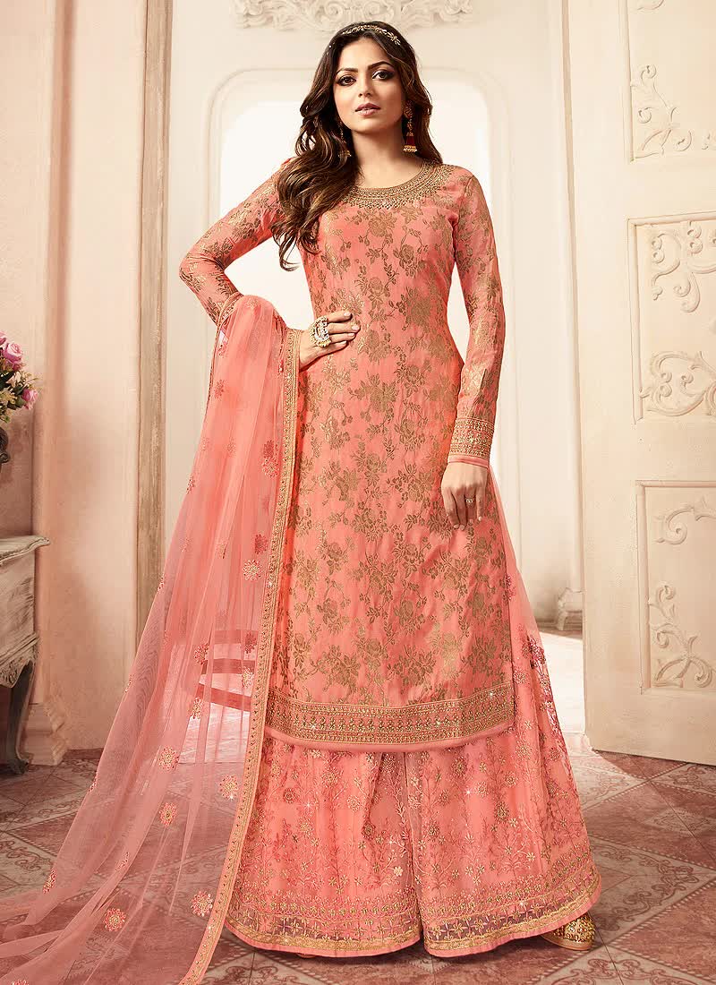 Peach Tradition Designer Wedding Gharara Suit - Indian Heavy ...
