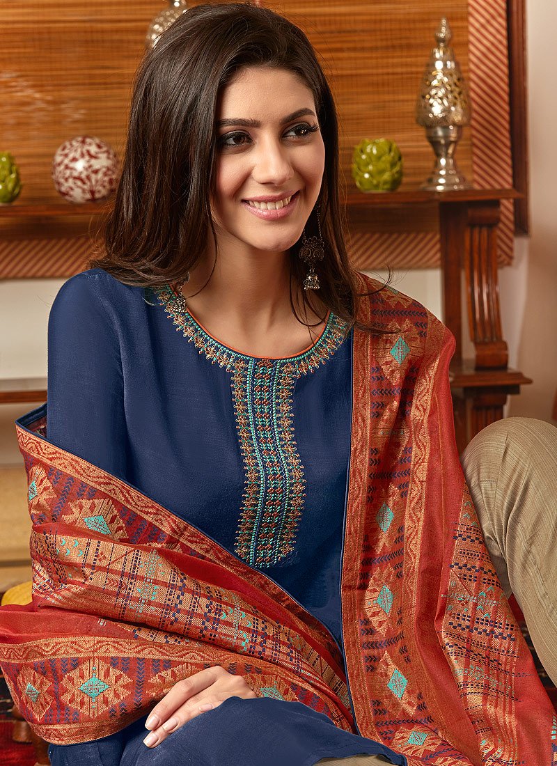 Blue And Beige Worked Straight Pant Suit Indian Heavy Anarkali