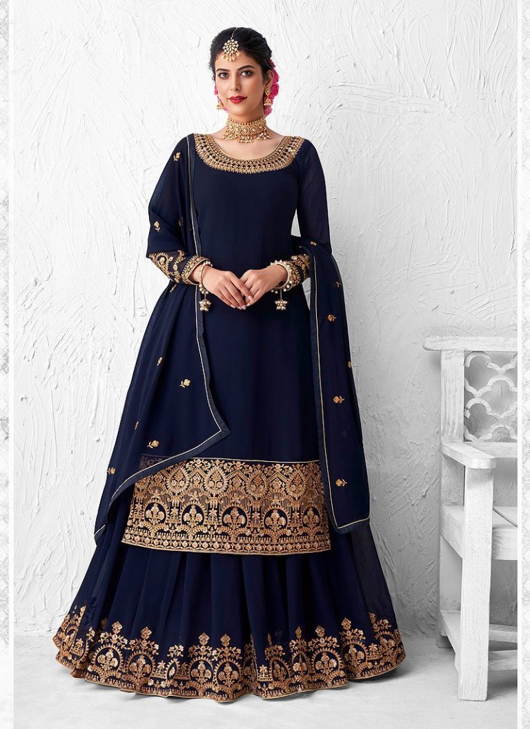 Royal Blue Heavy Golden Work Sharara Suit - Indian Heavy Anarkali Lehenga Gowns Sharara Sarees 
