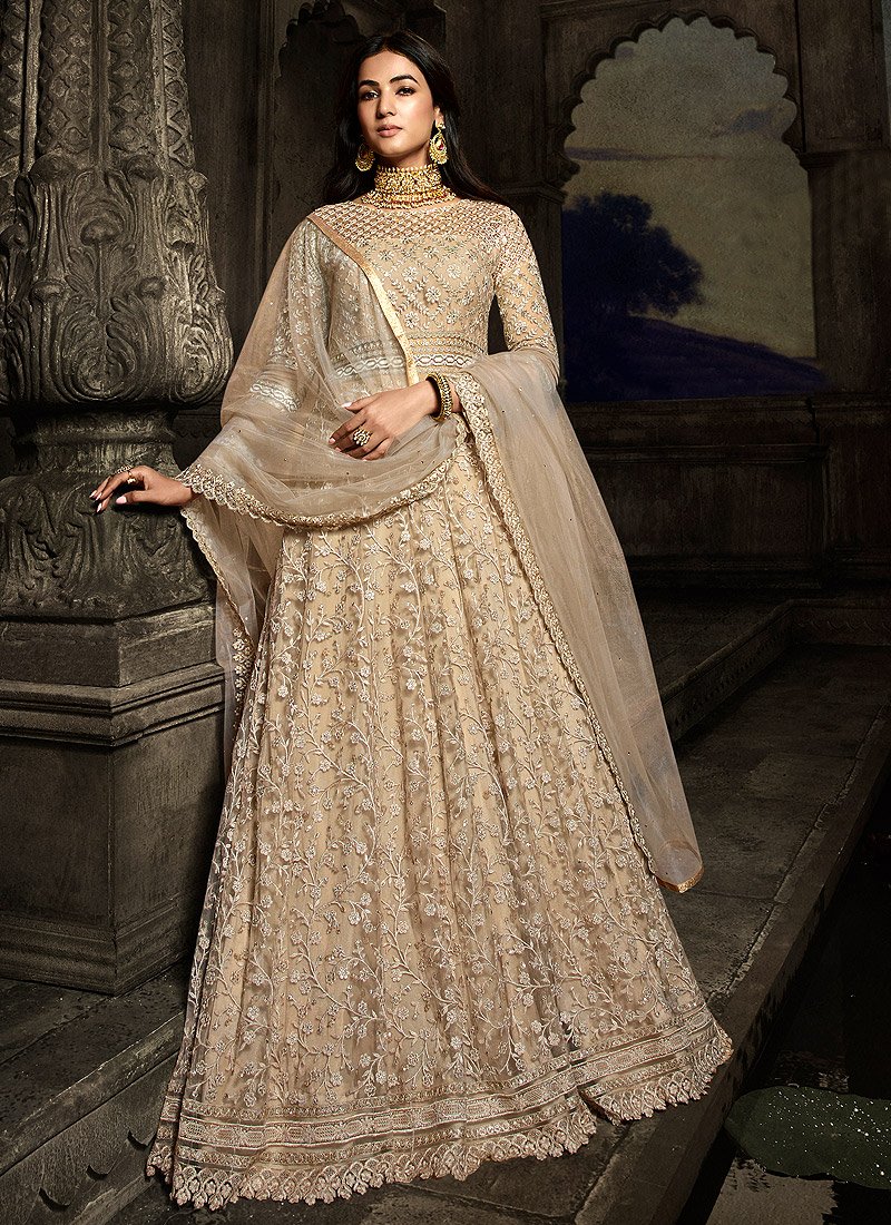 Golden Beige Heavy Designer Work Anarkali Suit - Indian Heavy Anarkali  Lehenga Gowns Sharara Sarees Pakistani Dresses in USA/UK/Canada/UAE -  IndiaBoulevard