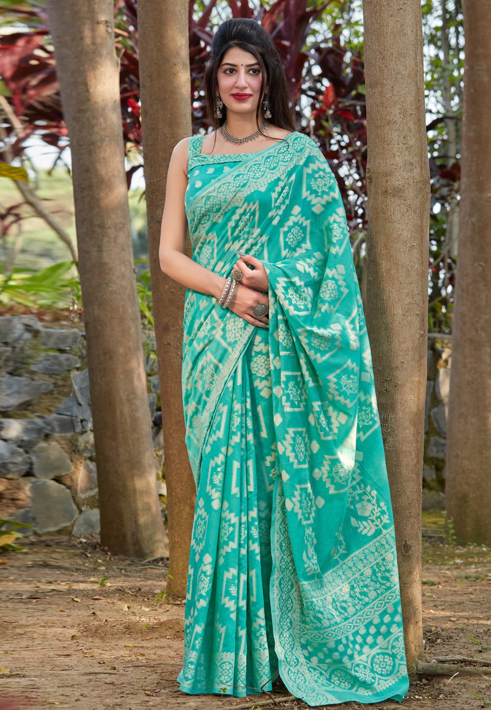 Turquoise Printed Work Silk Saree 