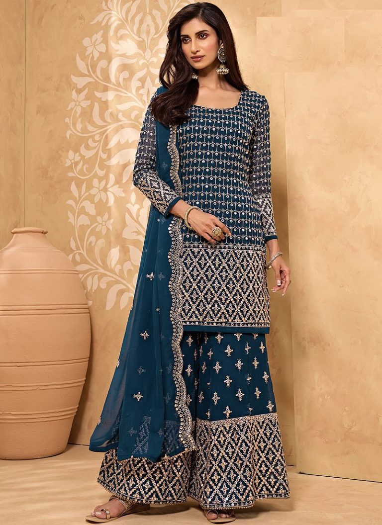 Turquoise Blue Heavy Embroidered Work Sharara Suit - Indian Heavy Anarkali Lehenga Gowns Sharara 