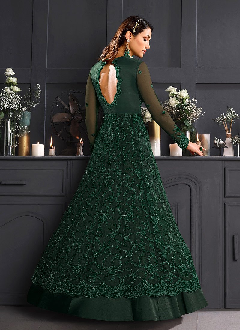 Dark Green Designer Work Flared Anarkali Gowns - Rent main image 0