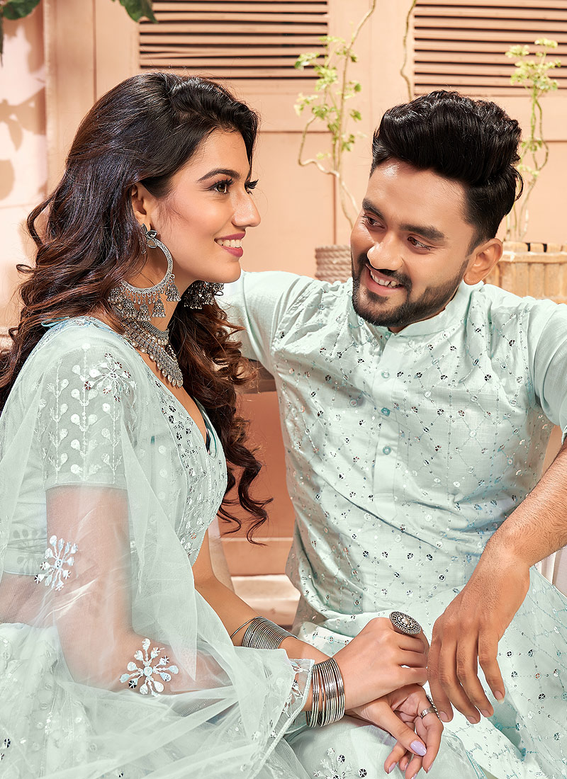 Sky Blue Couple Twinning Wedding Special Combo - Indian Heavy Anarkali  Lehenga Gowns Sharara Sarees Pakistani Dresses in USA/UK/Canada/UAE -  IndiaBoulevard
