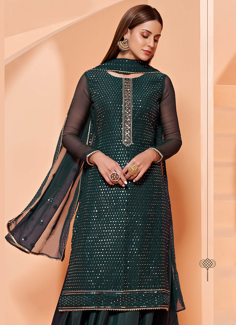 Dark Green Georgette Heavy Designer Palazzo Suit - Indian Heavy Anarkali  Lehenga Gowns Sharara Sarees Pakistani Dresses in USA/UK/Canada/UAE -  IndiaBoulevard