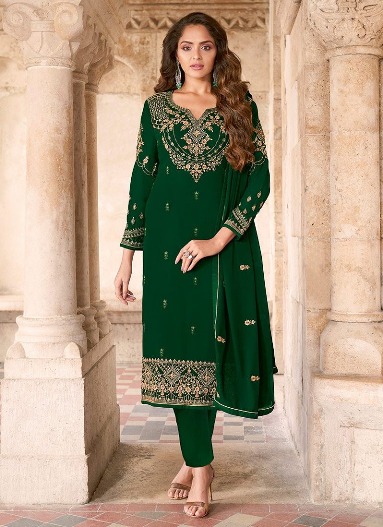 Faux Georgette Green Salwar Kameez Suit Pant Bottom