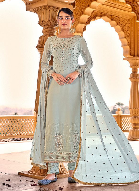 Georgette Teal Blue Heavy Embroidered Pant Suit