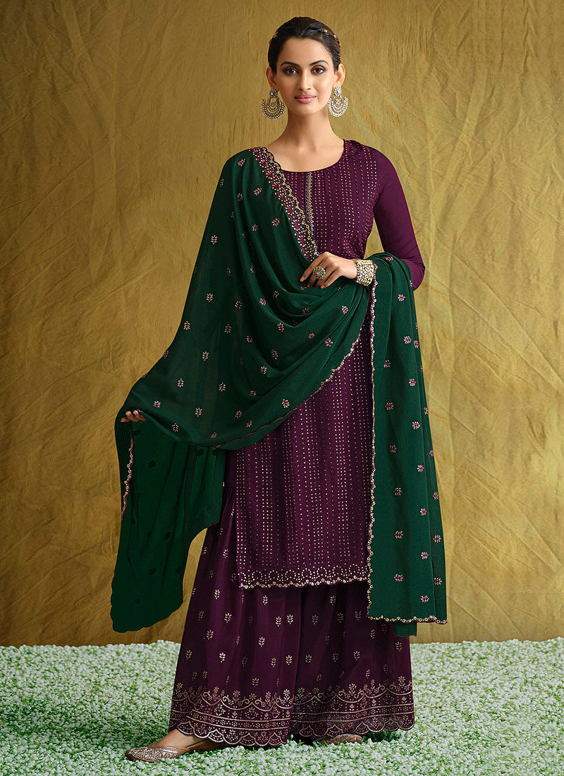 Purple And Green Heavy Embroidered Work Palazzo Suit - Indian Heavy  Anarkali Lehenga Gowns Sharara Sarees Pakistani Dresses in  USA/UK/Canada/UAE - IndiaBoulevard