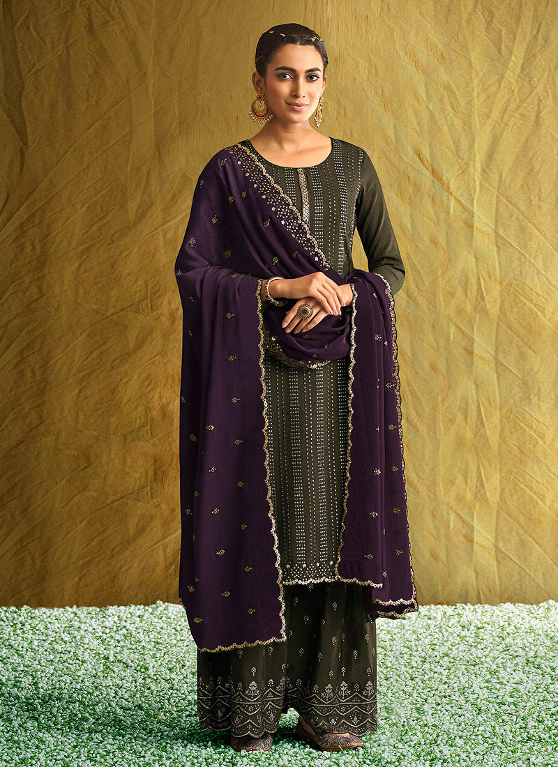 green purple combination dress Dark Purple and Green Silk Cotton Dress Material With Zari Woven Butta –  Maatshi main image 1