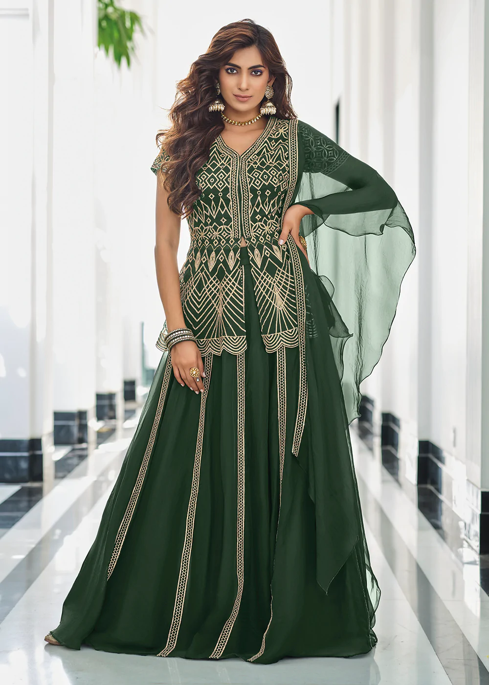 Party Wear Women Green Indo Western Dress