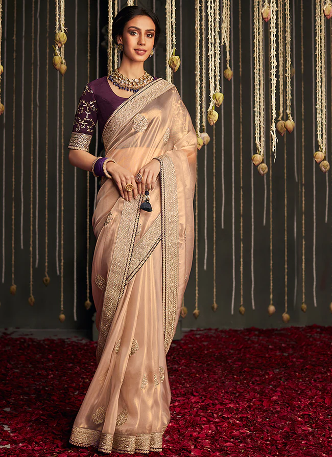 Champagne Gold And Purple Heavy Designer Organza Silk Wedding/PartyWear  Special Saree - Indian Heavy Anarkali Lehenga Gowns Sharara Sarees Pakistani  Dresses in USA/UK/Canada/UAE - IndiaBoulevard