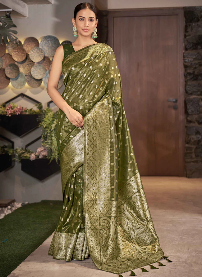 Olive Green Heavy Designer Jacquard Silk Wedding/PartyWear Special Saree -  Indian Heavy Anarkali Lehenga Gowns Sharara Sarees Pakistani Dresses in  USA/UK/Canada/UAE - IndiaBoulevard