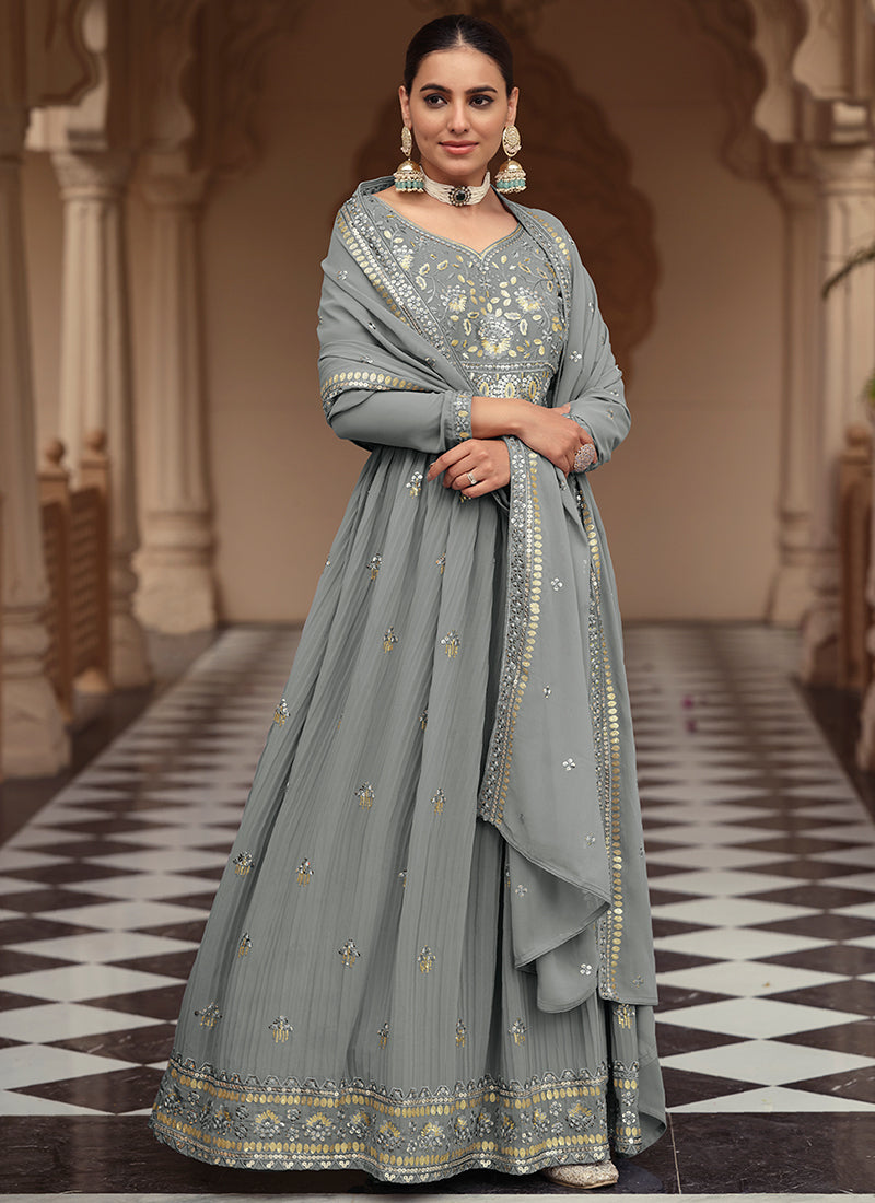 grey colour combination for dress Hand Crafted Grey and Blue Pearl Embroidery Lehenga Set main image 1