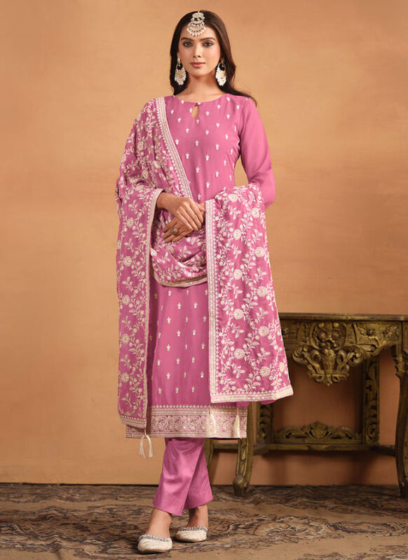 Pink Heavy Designer Readymade Pant Suit With Heavy Embroidery Work