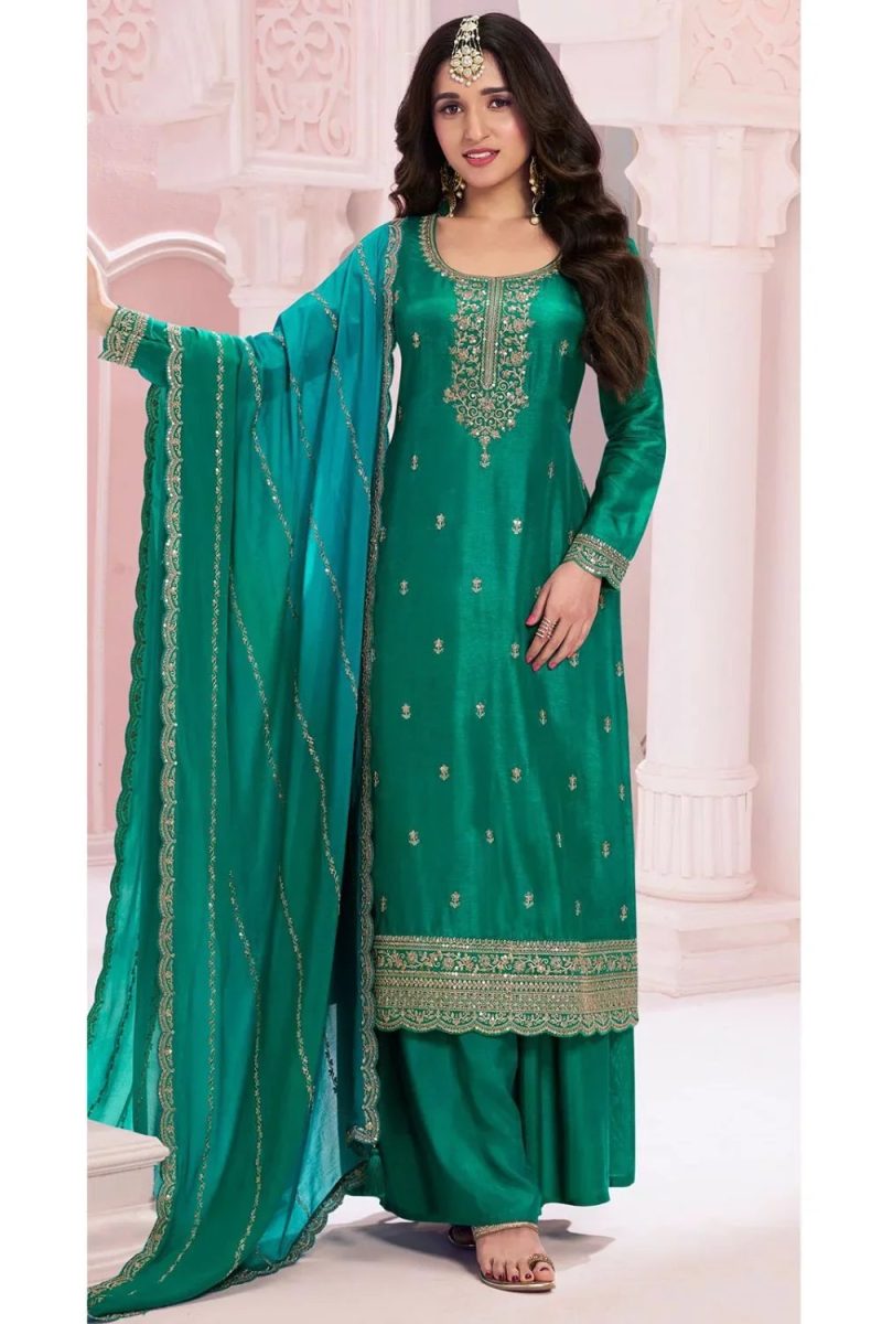 Green And Teal Embroidered Pakistani Palazzo Suit. - Indian Heavy Anarkali Lehenga Gowns Sharara Sarees Pakistani Dresses in USA/UK/Canada/UAE - IndiaBoulevard Green And Teal Embroidered Pakistani Palazzo Suit. - Indian Heavy Anarkali Lehenga Gowns Sharara Sarees Pakistani Dresses in USA/UK/Canada/UAE - IndiaBoulevard