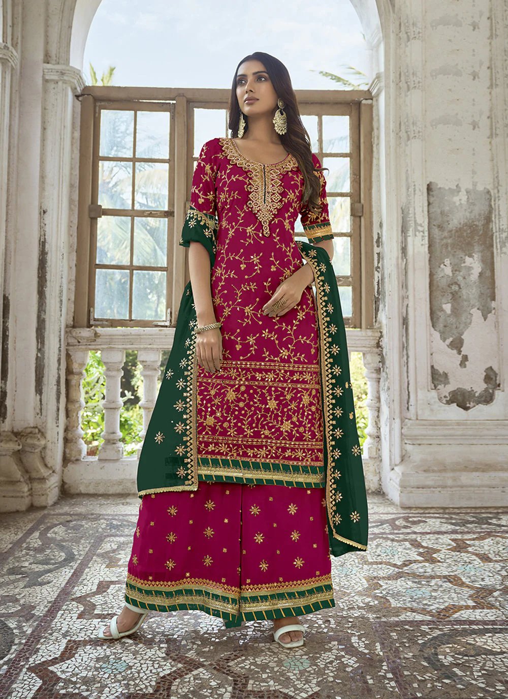 green emerald velvet dress Gown Silk Green Red Patola Print Gown – Kajols