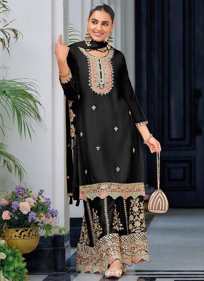 Black Heavy Golden Embroidered Pakistani Palazzo Suit. - Indian Heavy  Anarkali Lehenga Gowns Sharara Sarees Pakistani Dresses in  USA/UK/Canada/UAE - IndiaBoulevard