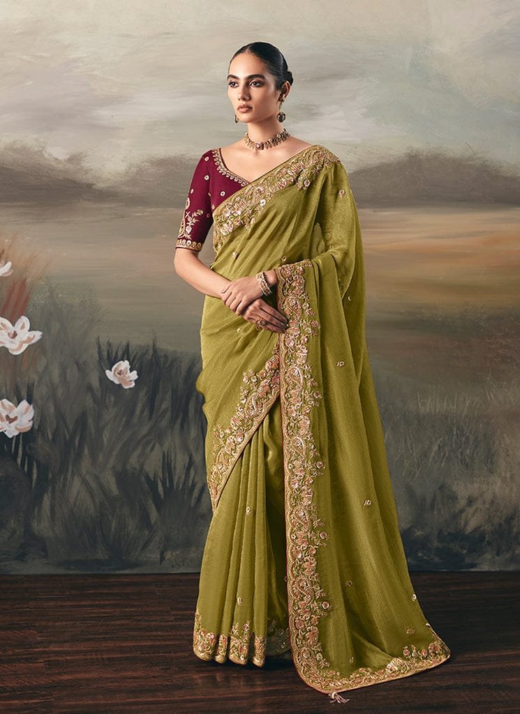 Maroon And Olive Green Hand Work Silk Wedding/PartyWear Special Saree. -  Indian Heavy Anarkali Lehenga Gowns Sharara Sarees Pakistani Dresses in  USA/UK/Canada/UAE - IndiaBoulevard