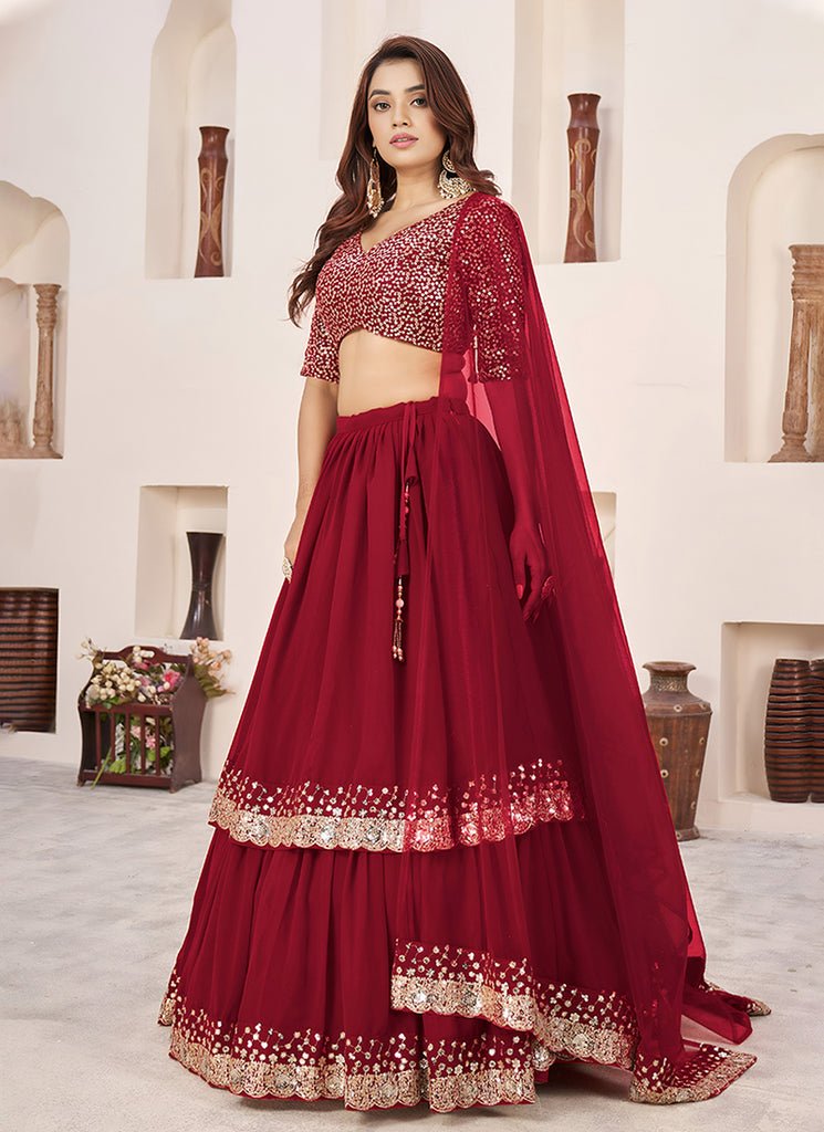 Red Sequins Party Wear Double Layer Lahenga Choli.