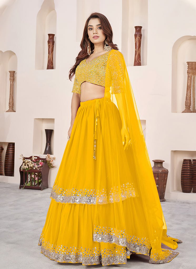 Yellow Sequins Party Wear Double Layer Lahenga Choli.