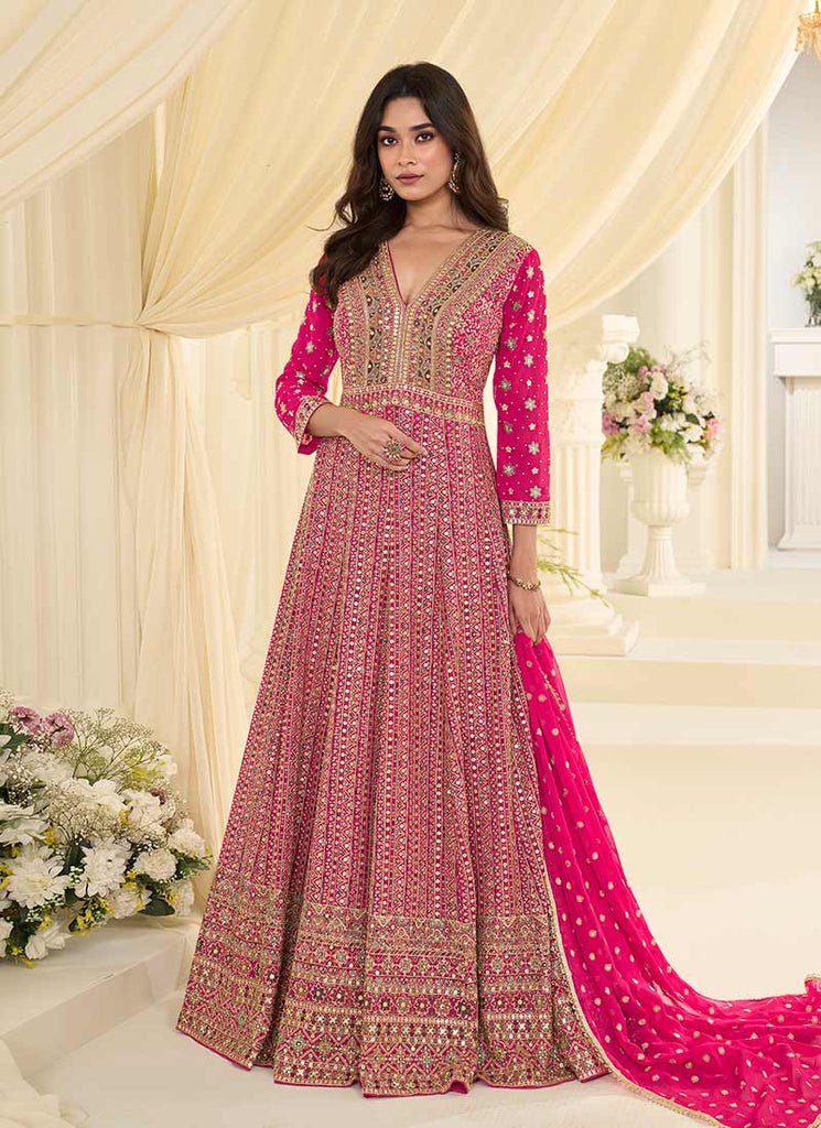 Magenta Heavy Embroidered Stylish Partywear Anarkali Gown Dress.