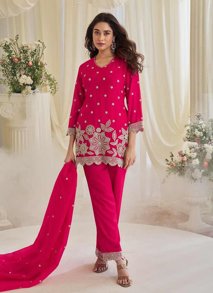 Pink Heavy Embroidered Stylish Partywear Pant Dress.