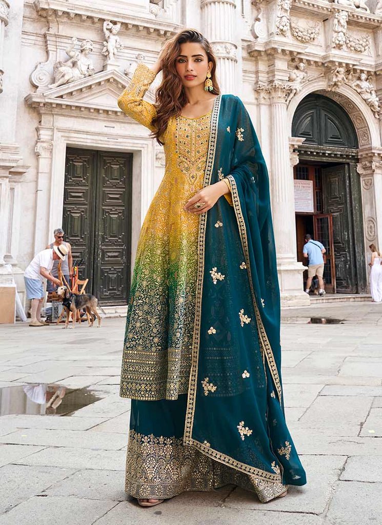 Yellow And Teal Heavy Embroidered Stylish Partywear Anarkali Sharara Dress.