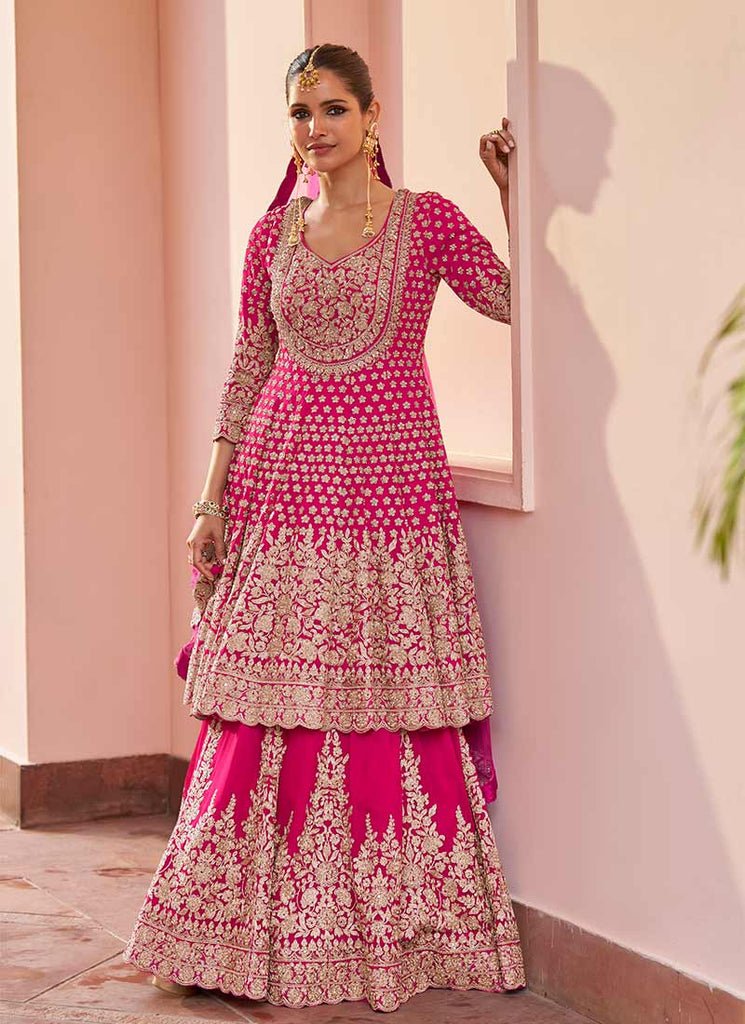 Magenta Pink Heavy Embroidered Stylish Partywear Anarkali Lahenga Dress.