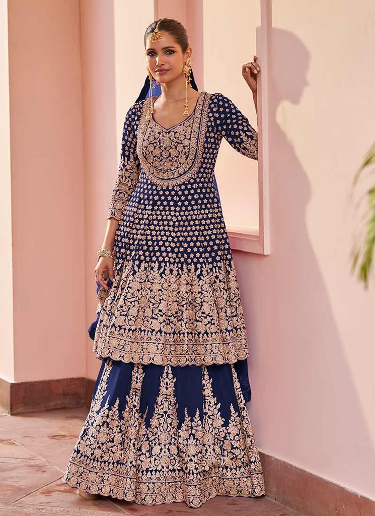 Blue Heavy Embroidered Stylish Partywear Anarkali Lahenga Dress.