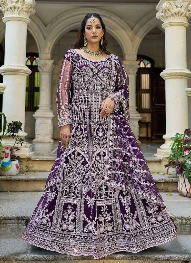 Purple Heavy Embroidered Stylish Partywear Anarkali Gown Dress.