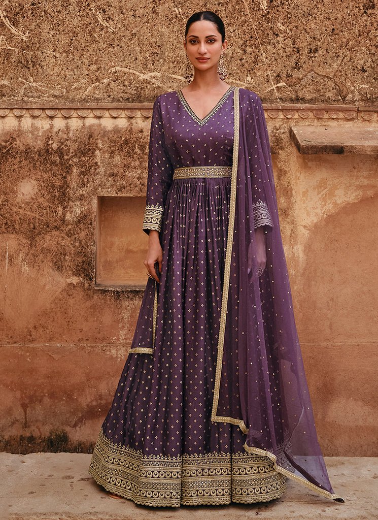 Purple Heavy Embroidered Stylish Partywear Anarkali Gown Dress.