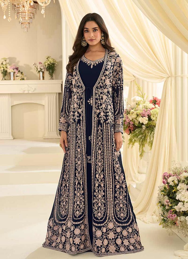 Navy Blue Heavy Embroidered Stylish Jacket Style Partywear Anarkali Gown Dress.
