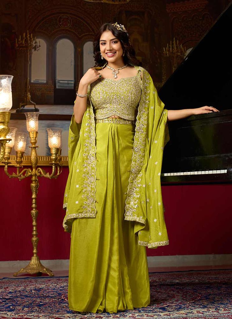Neon Green Heavy Embroidered Jacket Style Indo Western Skirt Dress.