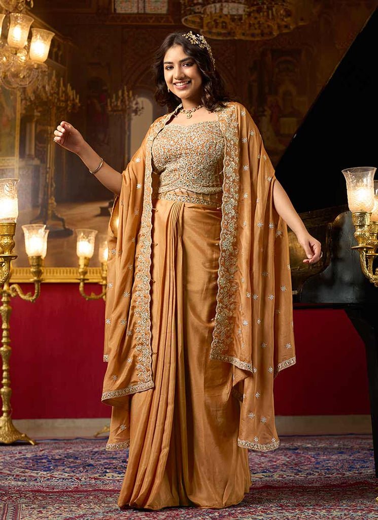 Orange Heavy Embroidered Jacket Style Indo Western Skirt Dress.
