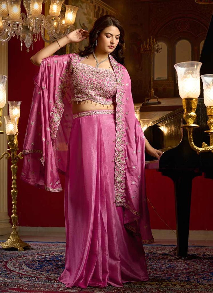 Pink Heavy Embroidered Jacket Style Indo Western Skirt Dress.