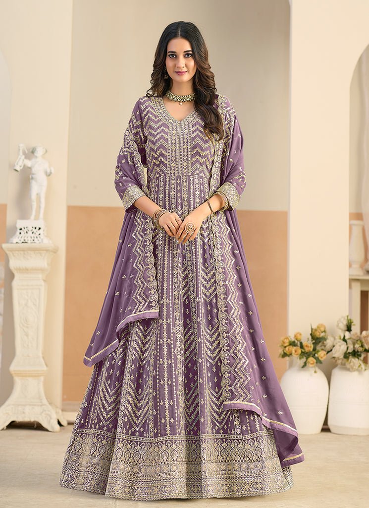 Purple Heavy Embroidered Stylish Partywear Anarkali Gown Dress.