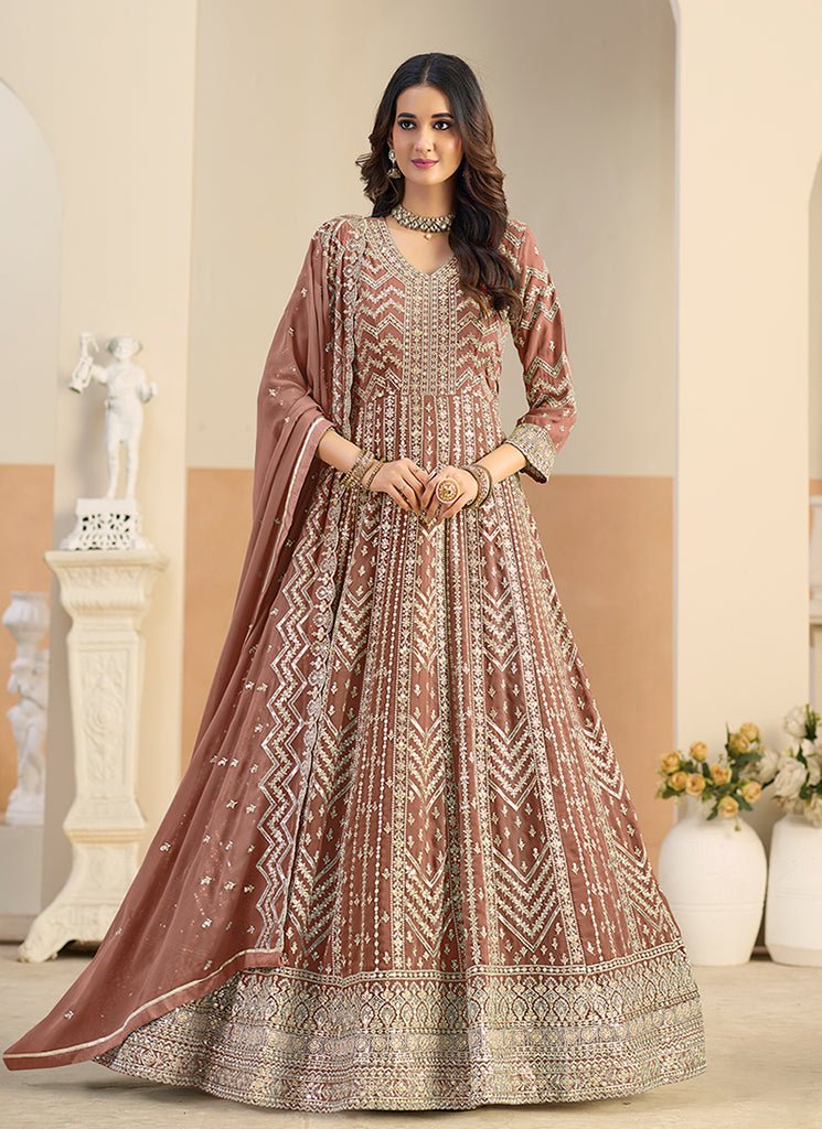 Peach Heavy Embroidered Stylish Partywear Anarkali Gown Dress.