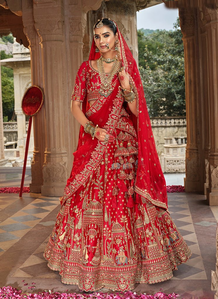 open lace back dress Dark Red Banarasi Silk Sequins And Pearl Embroidery Bridal Lehenga-1143 C S main image 1