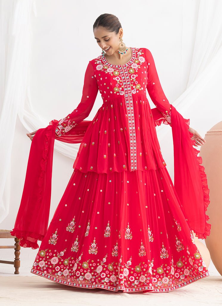 Red Heavy Embroidered Stylish Partywear Anarkali Lahenga Dress.