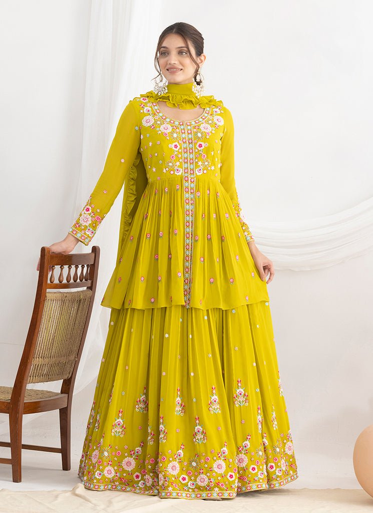 Yellow Heavy Embroidered Stylish Partywear Anarkali Lahenga Dress.