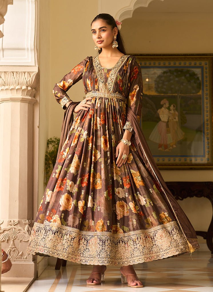 Brown Heavy Embroidered Floral Stylish Partywear Anarkali Dress.