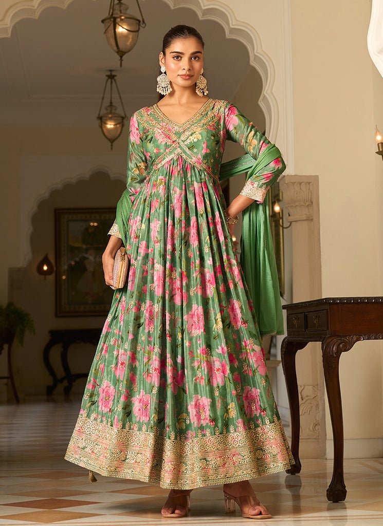 Green Heavy Embroidered Floral Stylish Partywear Anarkali Dress.