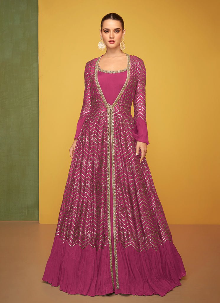 Rani Pink Heavy Multi Embroidered Jacket Style Anarkali Gown Dress.