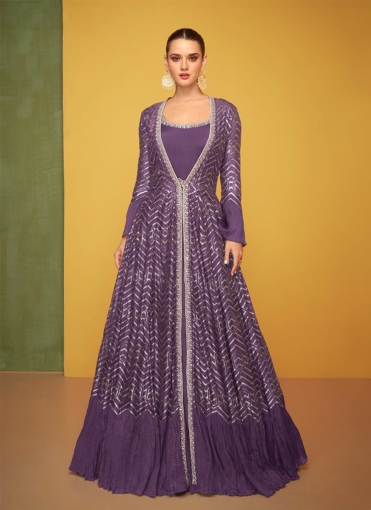 Purple Heavy Embroidered Jacket Style Anarkali Gown Dress.
