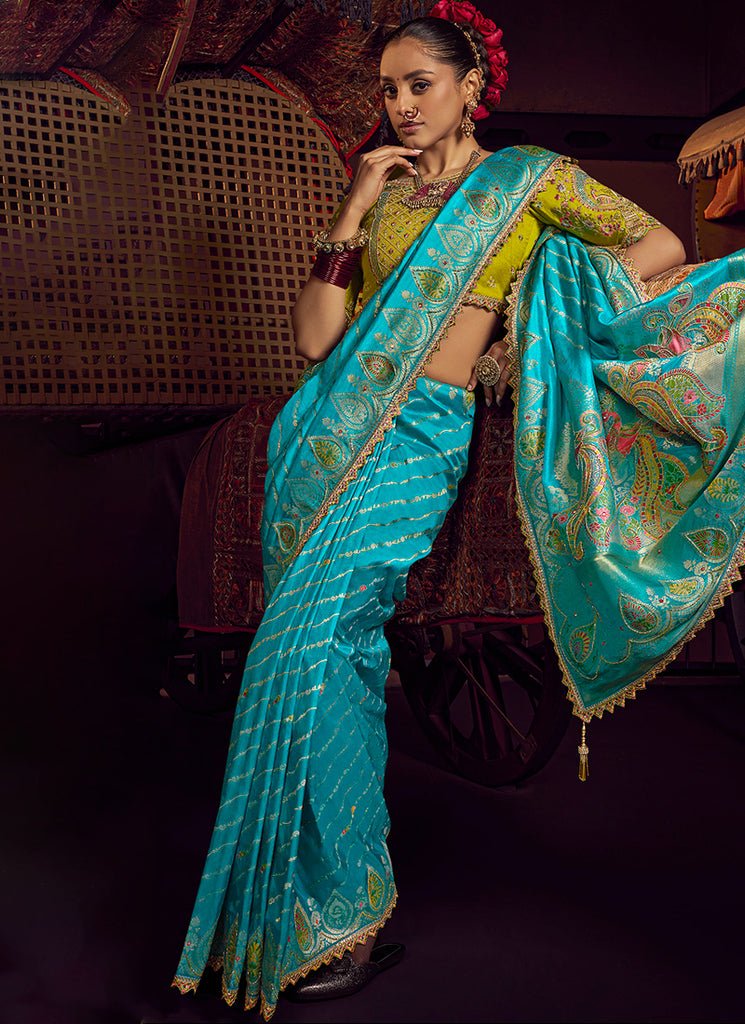 Sky Blue And Lime Green Heavy Embroidered Silk Saree
