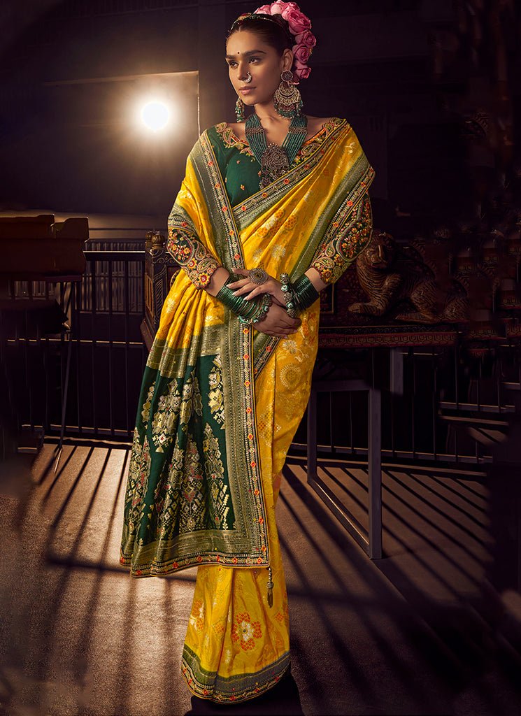 Yellow And Green Heavy Embroidered Silk Saree
