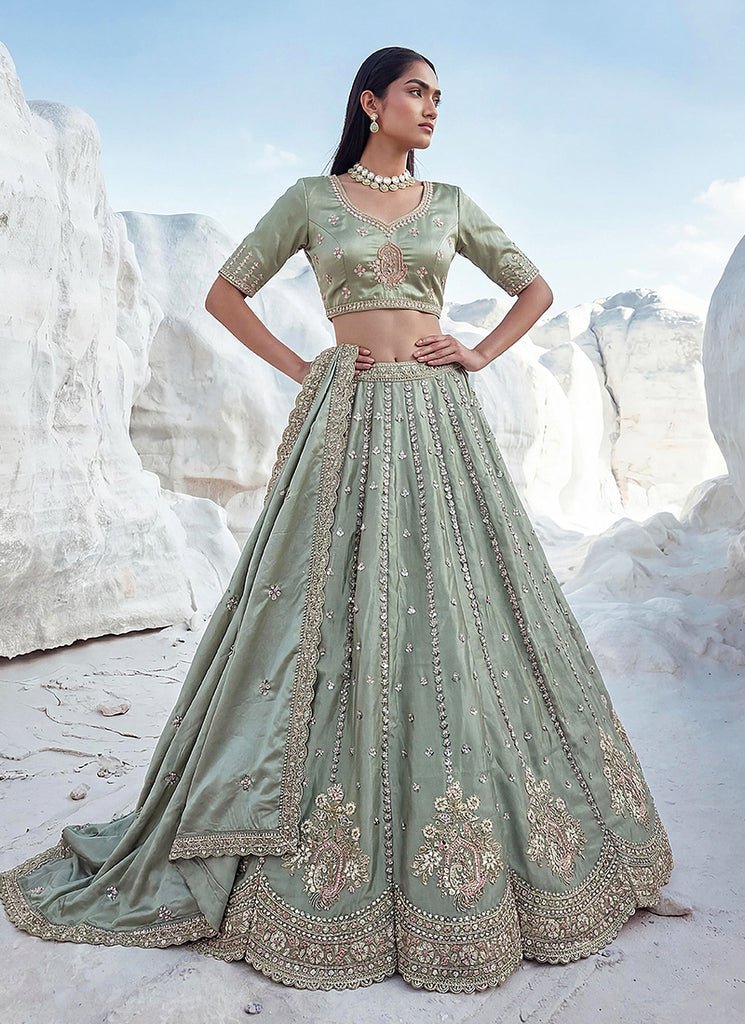 Green Heavy Embroidered Festive/ Partywear Lehenga Choli